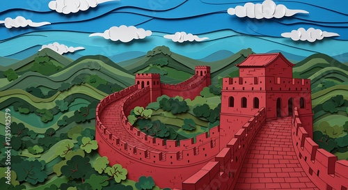 Paper cutout of the great wall of china with mountains and clouds