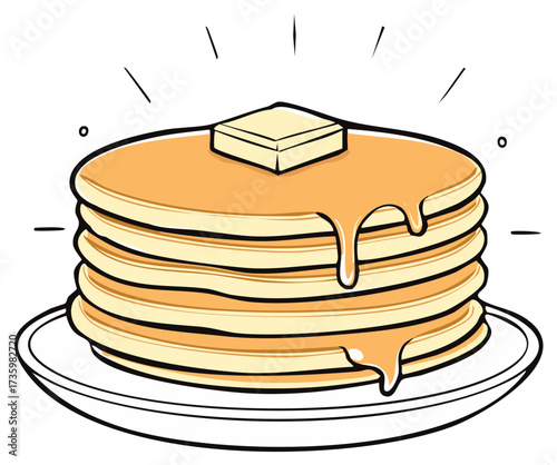Delicious Stack of Pancakes Topped with Butter and Syrup on a Plate, Sweet Breakfast Illustration
