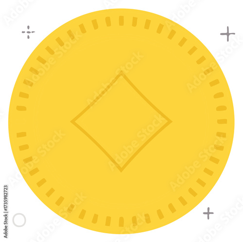 Gold coin with embossed diamond shape and serrated edge, simple flat design illustration