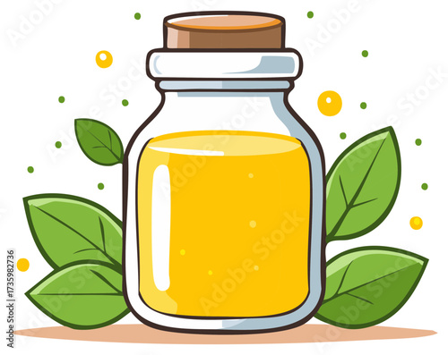 Aromatic oil in bottle with green leaves for alternative medicine therapy, cartoon illustration