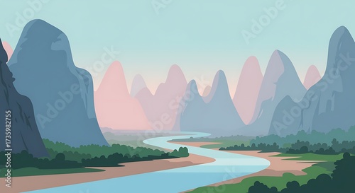 Serene mountain landscape with winding river and soft pastel sky