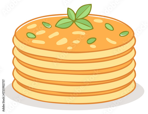 Stack of delicious cartoon pancakes with green herb topping