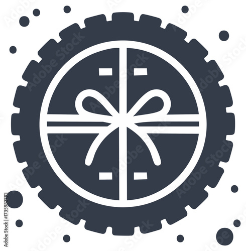 Stylized illustration of a dark blue tire with a white ribbon tied in a bow inside, symbolizing a gift.