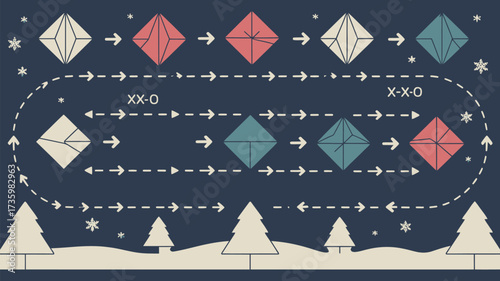 Diagram showing origami folding steps in a winter scene with trees and snowflakes on a blue background