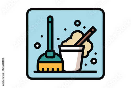 Cartoon Illustration Broom and Bucket with Cleaning Solution Against a Light Blue Background