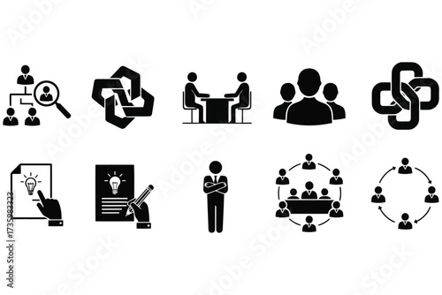 Vector art of business and management icons set this set includes icons such as presentation, report, analysis, teamwork, and project management