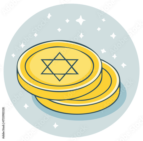 Stack of Jewish holiday gold coins with Star of David symbol for Hannukah celebration