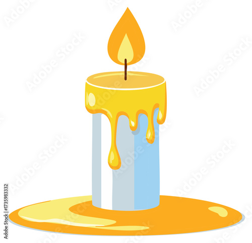 Lit Candle with Dripping Melted Yellow Wax and Glowing Flame Illustration