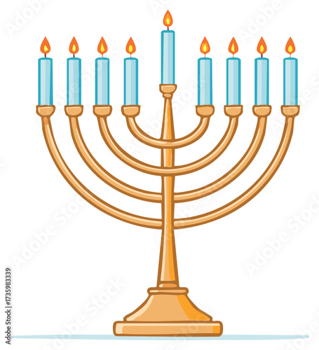 Eight glowing candles illuminate a golden menorah during a Jewish celebration
