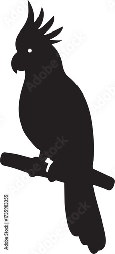 Cockatoo on branch silhouette, tropical parrot vector for wildlife, nature, and design use.