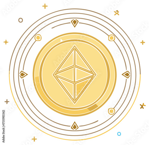 Golden digital currency coin featuring a central geometric diamond symbol and abstract cosmic elements illustration