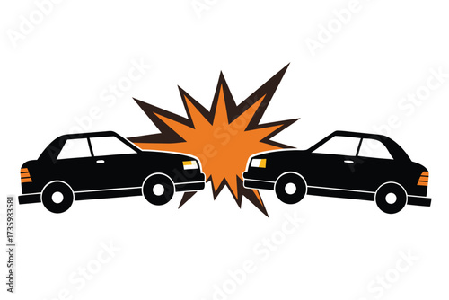 Cartoon of Two Black Cars Colliding HeadOn with Orange Burst on White Background