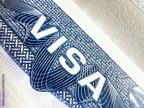 US visa, Visa in passport, fee for US visa, tour of the USA, airport, customs, checkpoint, illegal immigrants, closed borders, nationality H-1B visa. Macro photo. High quality photo