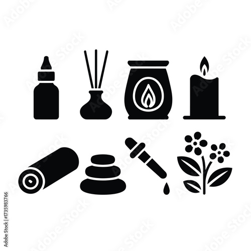 Set of essential oil aromatherapy spa wellness icons vector illustration scalable eps files silhouette vector illustration white background