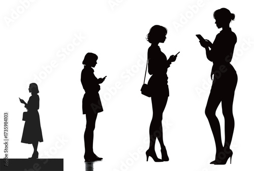 Four women are silhouetted against a light background, each engaged with their smartphones in a busy urban area during the evening.