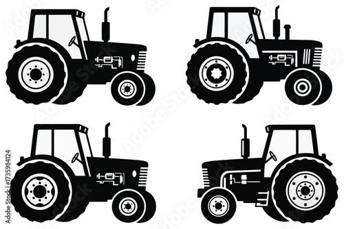 Vector art of tractor icons set this set includes icons such as farm tractor, agriculture tractor, and construction tractor