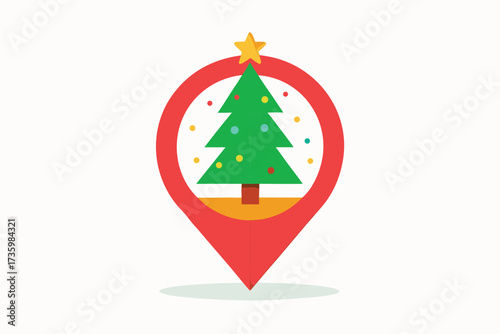 Christmas Tree Inside Red Map Pointer Icon with Star Topper Design