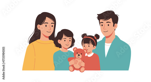 Happy Family Portrait with Two Daughters and a Teddy Bear.