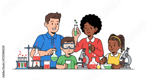 Diverse group of children and adults engaged in a vibrant science experiment with colorful liquids and equipment.