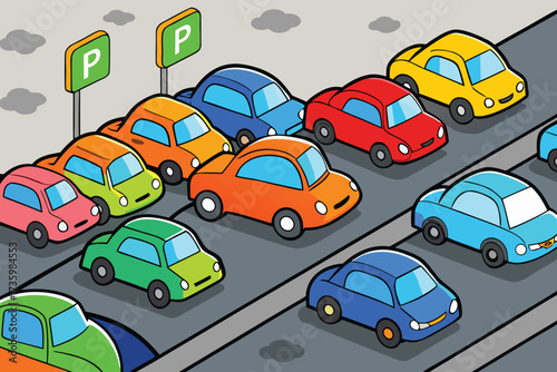 Colorful Cars in Cartoon Parking Lot with P Sign Isometric Illustration Style