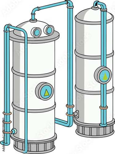 Innovative industrial processing system with sleek tanks and vibrant blue pipes, ideal for illustrating advanced water or chemical treatment.