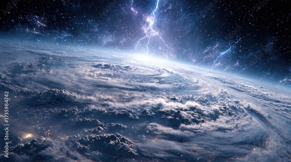 Fototapeta premium View from outer space as if standing beyond Earth, looking at a massive storm swirling across the planet, giant cloud formations with glowing lightning bolts.
