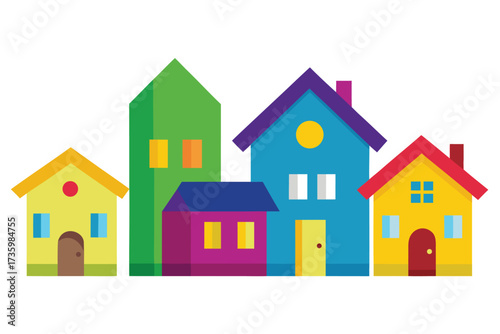 Colorful Cartoon Houses Illustration Whimsical Village with Green, Yellow, Blue, and Purple Buildings