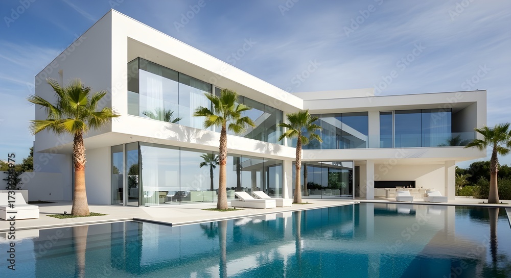 Fototapeta premium A sleek white modern minimalist villa with large glass windows, infinity pool, clean lines, and palm trees, ultra realistic 4K