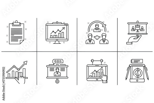 Vector art of business and finance icons set collection of different business and finance symbols vector illustration of chart, graph, and presentation