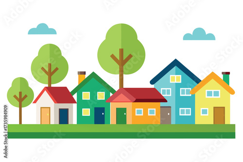 Colorful Cartoon Houses with Trees and Clouds on a Green Lawn Illustration