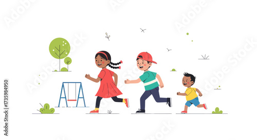 Diverse group of children joyfully running together in a park setting.