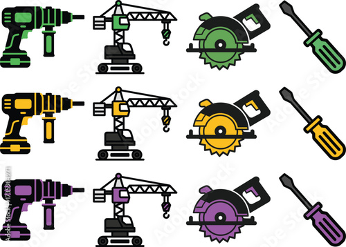 Set of colorful power tools including drills, cranes, circular saws, and screwdrivers, isolated on white background