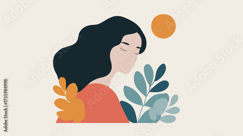 A woman with flowing hair stands in a serene setting, surrounded by green leaves and warm sunlight. Her calm expression suggests a moment of reflection and tranquility.