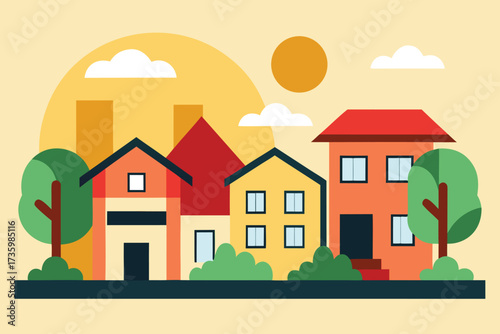 Colorful Flat Design Houses with Trees, Clouds, and Sun Illustration,
