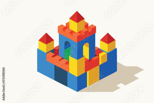 Colorful Isometric Castle Structure Constructed from Toy Blocks on Light Beige Background, Top View