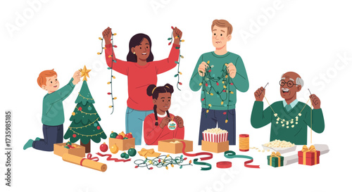 Diverse family and friends decorating Christmas tree and wrapping gifts together.