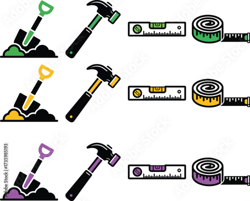 Assortment of construction and diy tools like shovels, hammers, levels, and tape measures, isolated on white background