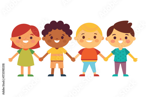 Diverse Cartoon Children Holding Hands in a Row, Standing SidebySide on White Background