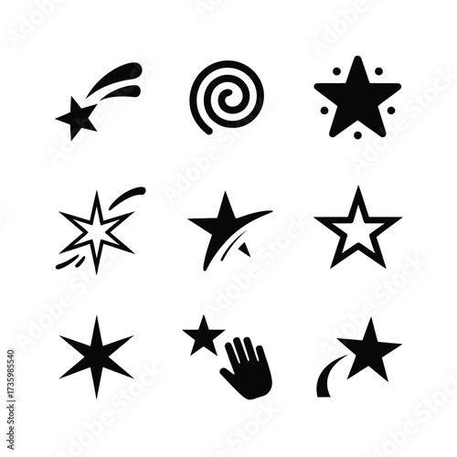 Set of eight black and white star icons vector scalable eps graphic design elements for declarative use silhouette vector illustration white background