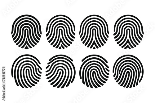 Eight Black Fingerprint Icon Illustrations on White Background, Distinct Fingerprints Design Elements