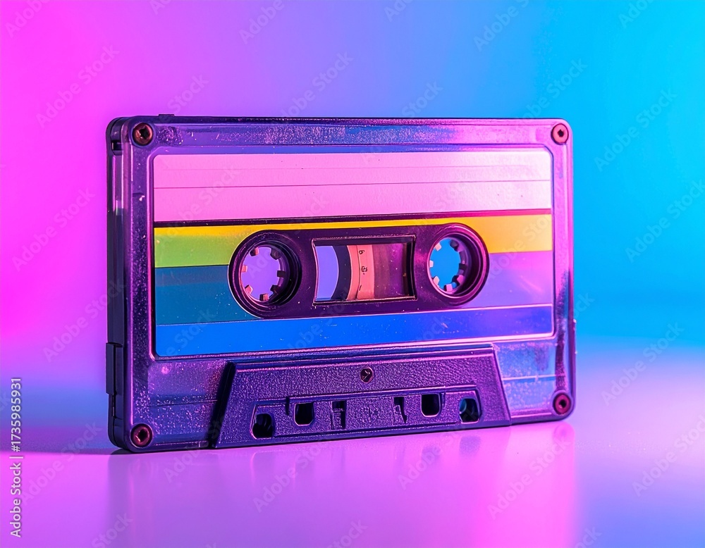 Obraz premium Retro 1980s Cassette Tape on Neon Background