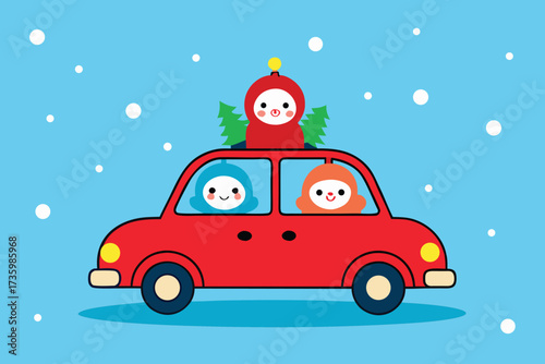 Festive Christmas Cartoon Red Car with Passengers and Tree in Snowy Winter
