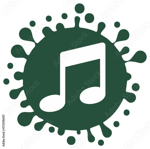 Vector icon of music and pandemic concept with musical note inside a green virus cell splatter
