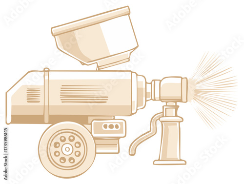 Cartoon illustration of professional spray gun equipment used for painting with reservoir and spray action