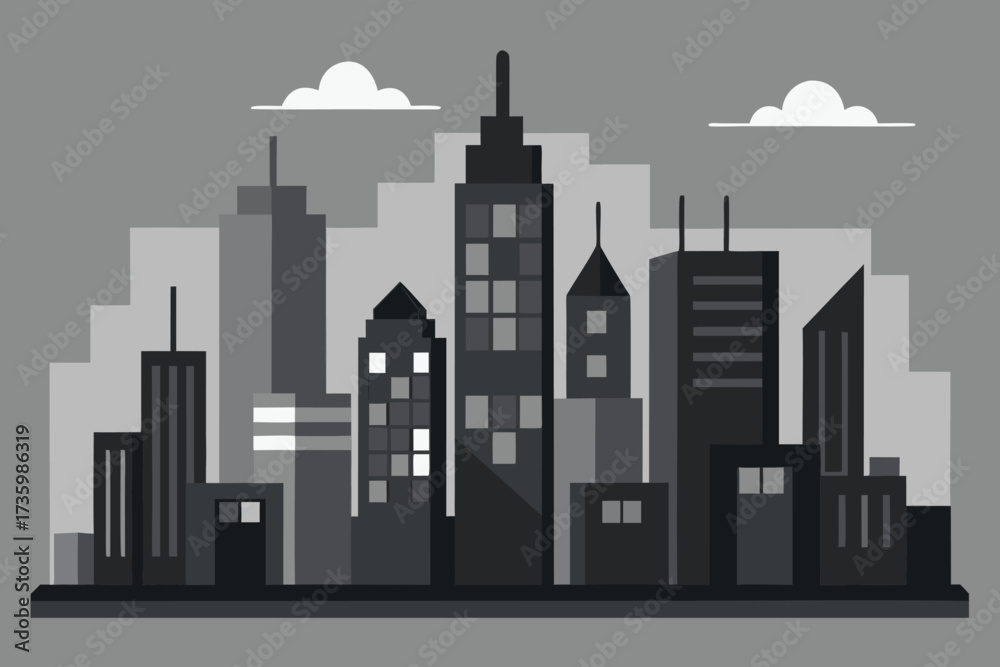 Obraz premium Grayscale Cartoon Cityscape Illustration with Modern Buildings and White Clouds in the Sky