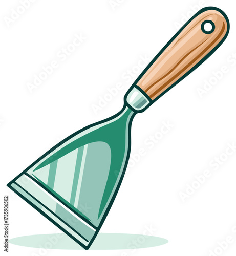 Funny light green spatula tool with wooden handle for cooking food preparation or repair works