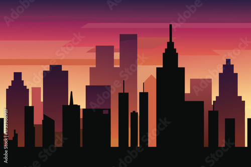 Illustrated Silhouette of City Skyline with Skyscrapers and a Sunset Sky, Design