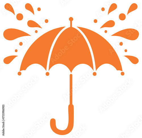 Stylized Orange Umbrella Icon Shielding from Splashing Droplets, Abstract Rainy Weather Protection Graphic