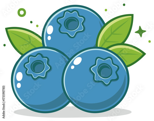Cartoon blueberry fruit cluster with green leaves healthy food vector graphic icon