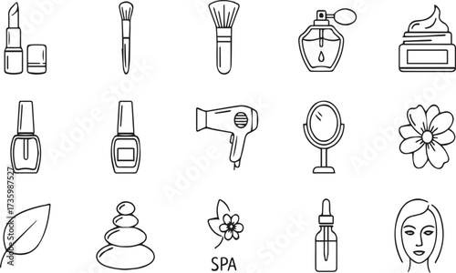 Cosmetic and Beauty Icon Set - Black and White Line Art Vector Illustration for Spa, Makeup, and Wellness Brands